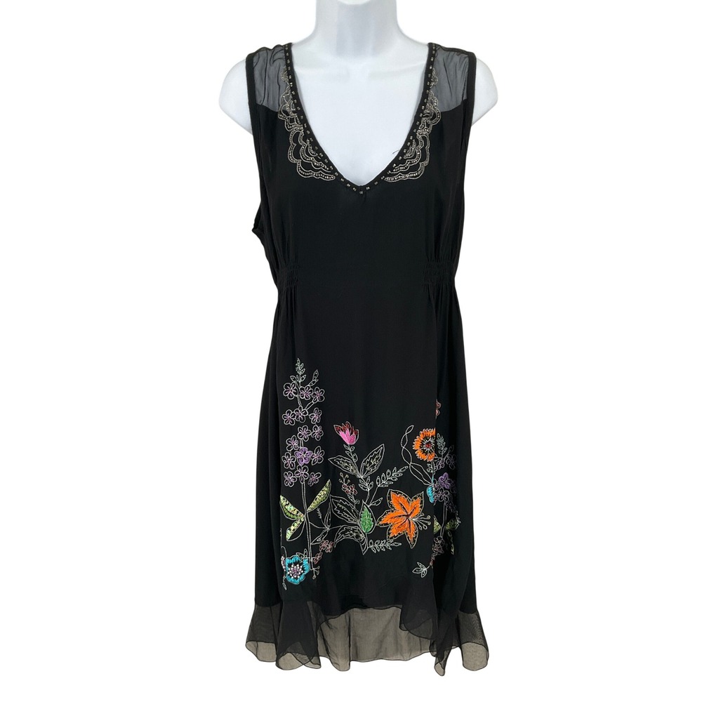 Art to Wear Dress Womens XL Black Floral Embroidered Beaded Mesh Whimsical NEW